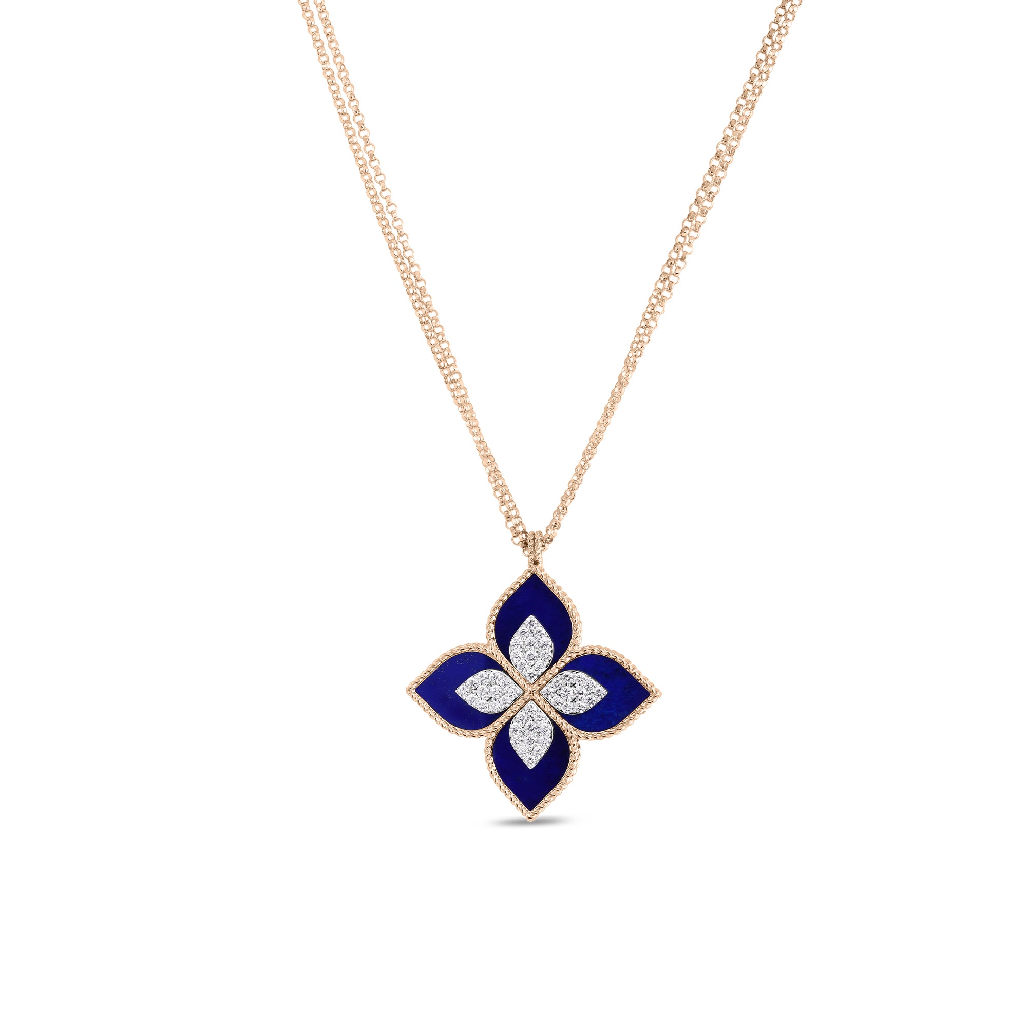 18K ROSE/WHITE GOLD VENETIAN PRINCESS LARGE DIAMOND & LAPIS FLOWER LONG NECKLACE