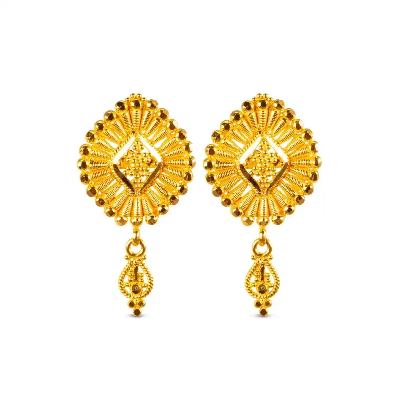 22K Yellow Gold Pendant Earrings Set, Fan-shaped