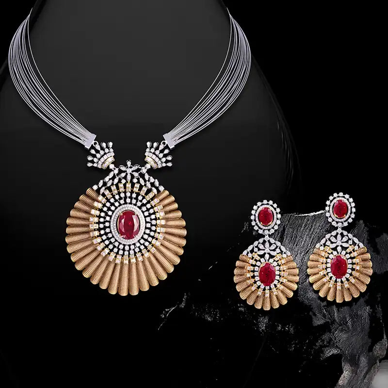 Ruby Diamond Necklace Set in 18K Gold