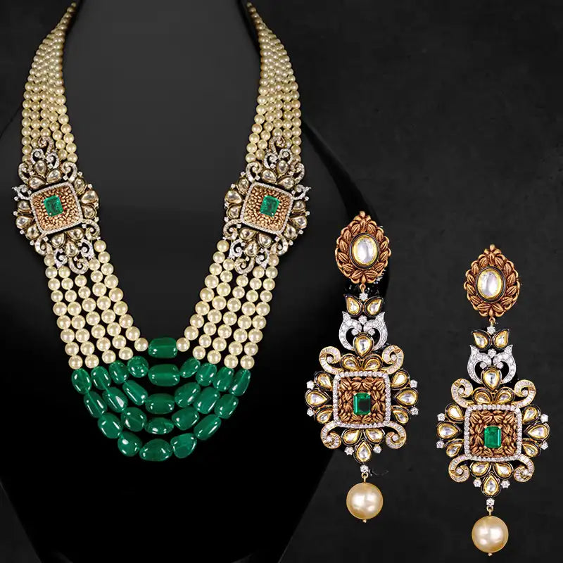 Emerald Pearl Diamond Necklace Set in 18K Gold