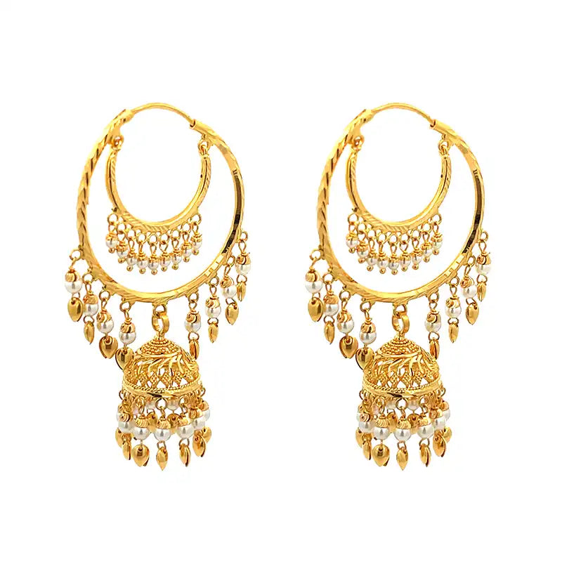 Elegant 22K Yellow Gold Hoop Earrings with Beautiful Dangling Jhumka Design