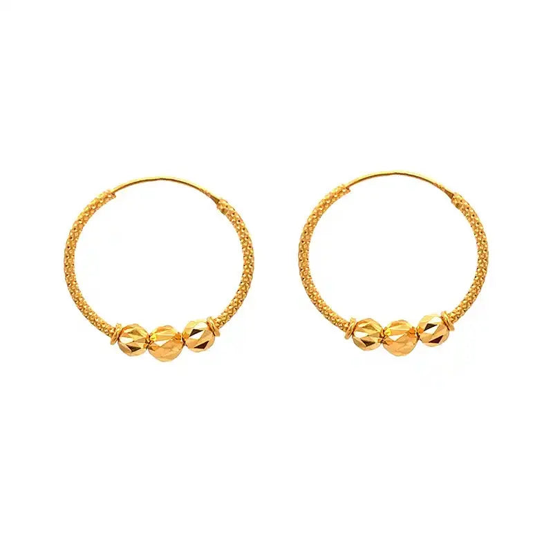Elegant 22K Yellow Gold Hoop Earrings with Three Beautiful Beads 25 mm Diameter