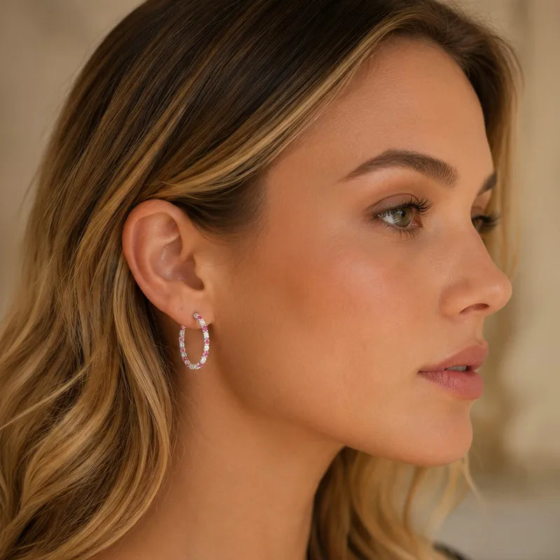 18K White Gold Diamond Hoops Earrings with Tourmaline