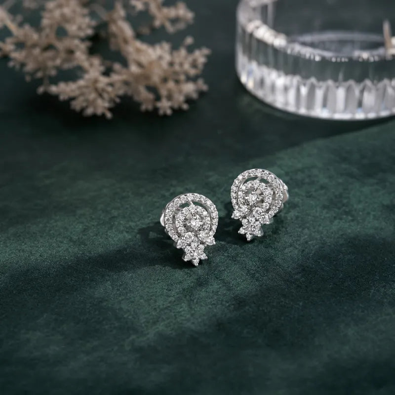 18K White Gold Diamond Floral Spiral Stud Earrings