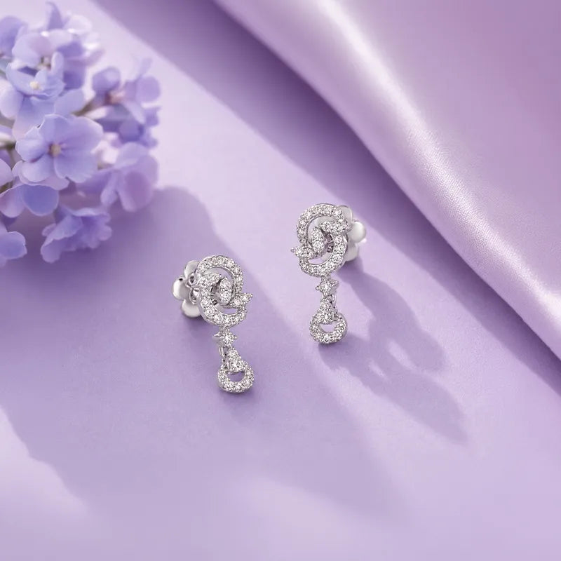 18K White Gold Diamond Spiral Drop Earrings