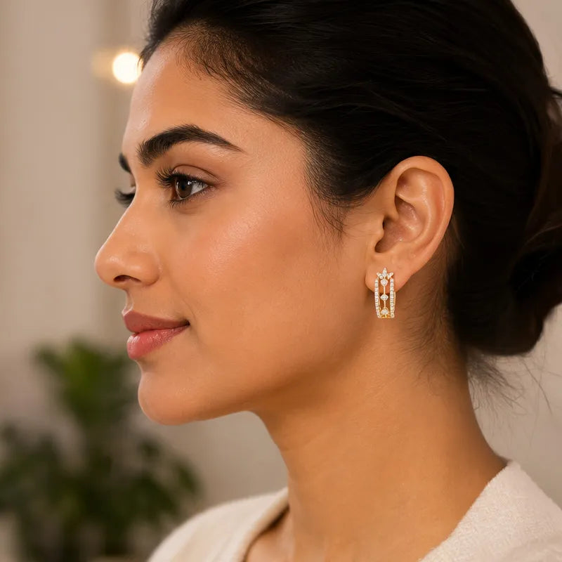 18K Gold Diamond Huggies Earrings - 0.8 inch
