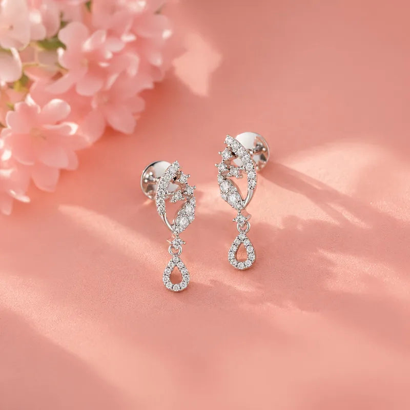 18K White Gold Diamond Deco Drop Earrings
