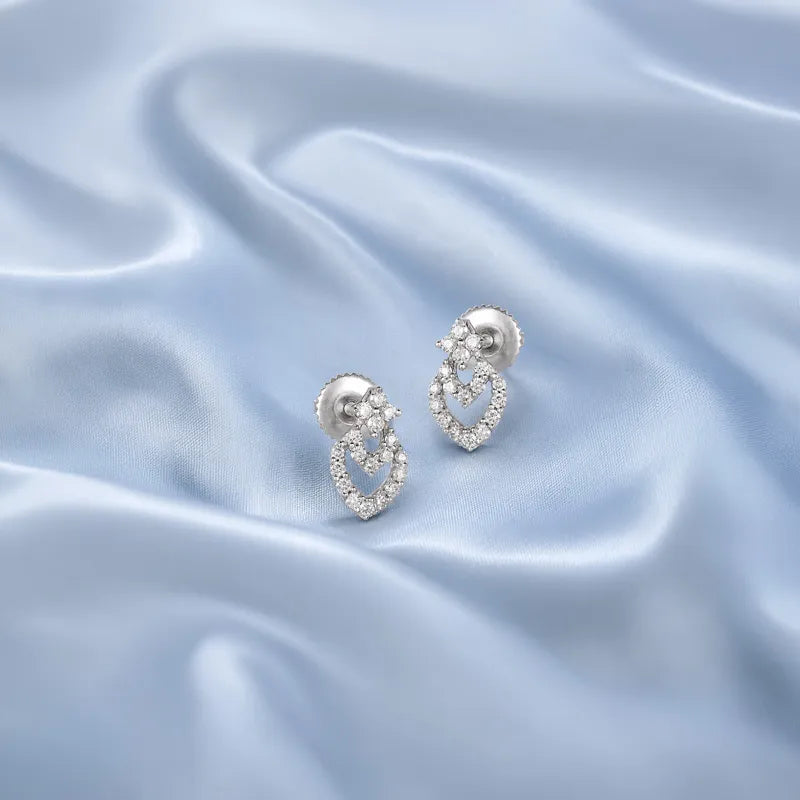 18K White Gold Diamond Floral Accent Eardrop Stud Earrings