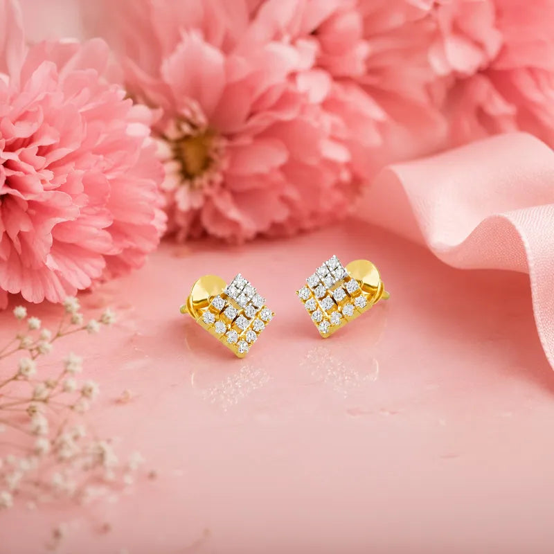 18K Two tone Gold Diamond Rhombus Pave Stud Earrings