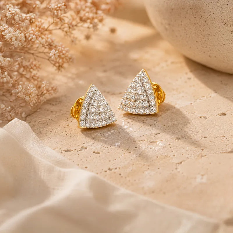 18K Two tone Gold Diamond Triangular Pave Stud Earrings