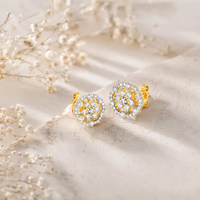 18K Two tone Diamond Floral Stud Earrings