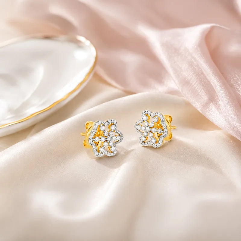 18K Two tone Diamond Floral Stud Earrings