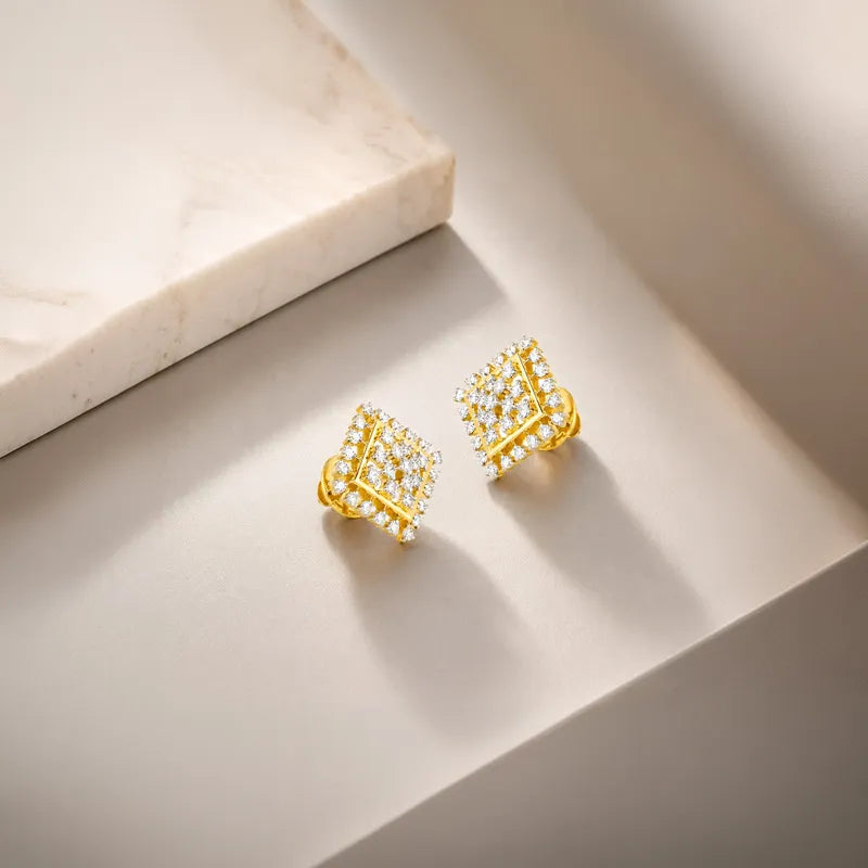 18K Two tone Gold Diamond Rhombus Cluster Stud Earrings