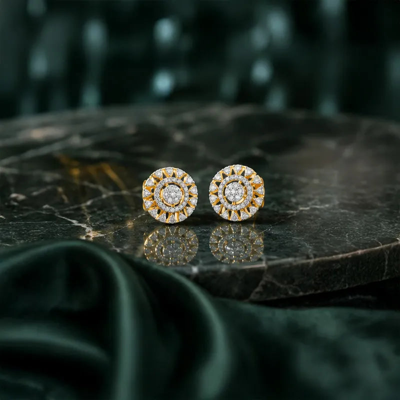 18K Two tone Gold Diamond Round Stud Earrings