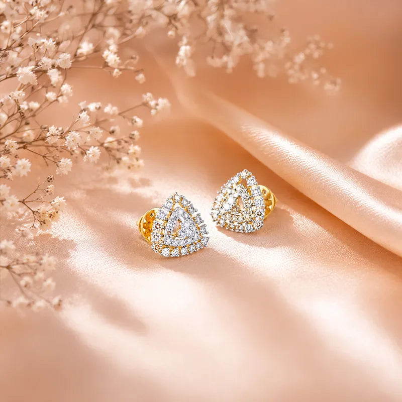 18K Two tone Gold Diamond Triangular Pave Stud Earrings