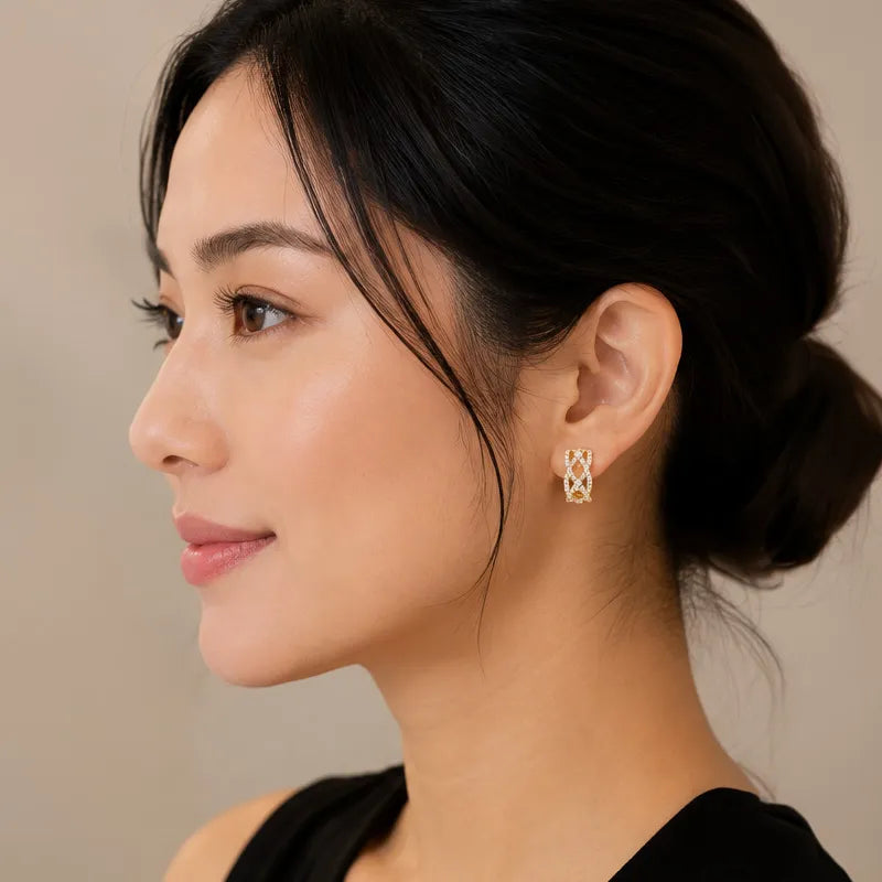 18K Gold Diamond Huggies Earrings - 0.7 inch
