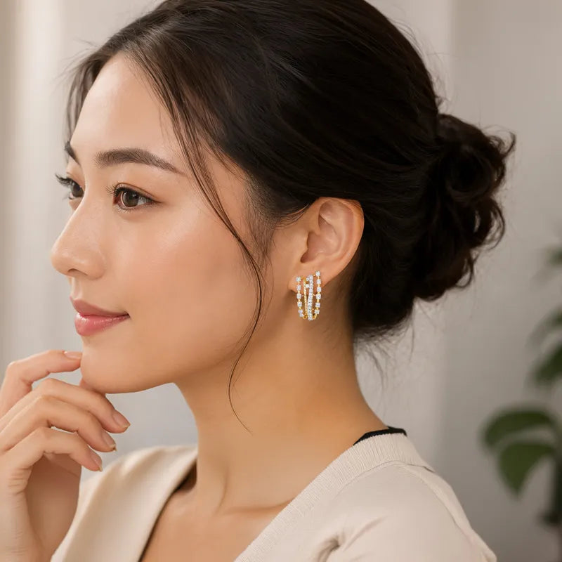 18K Gold Diamond Huggies Earrings - 0.7 inch