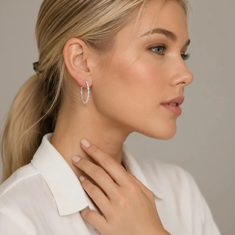 18K Gold Diamond Hoop Earrings -1 inch