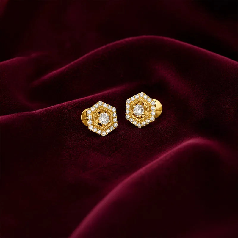 18K Yellow Gold Diamond Hexagon Stud Earrings