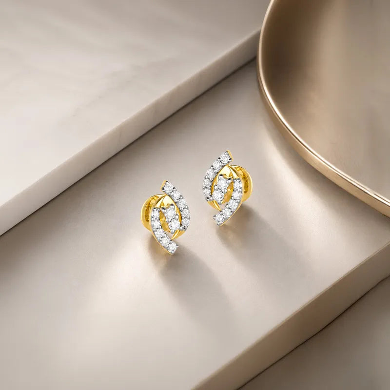 18K Two tone Gold Diamond Curved Stud Earrings