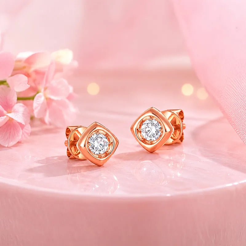 18K Rose Gold Diamond Simple Rhombus Stud Earrings