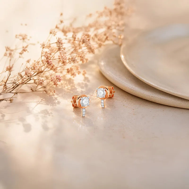 18K Rose Gold Diamond Stud Earrings with stem