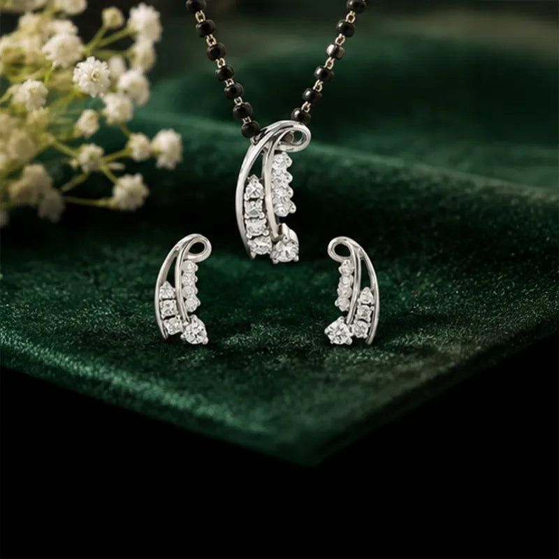 Swirl 18K White Gold Diamond Mangalsutra Necklace with matching earrings