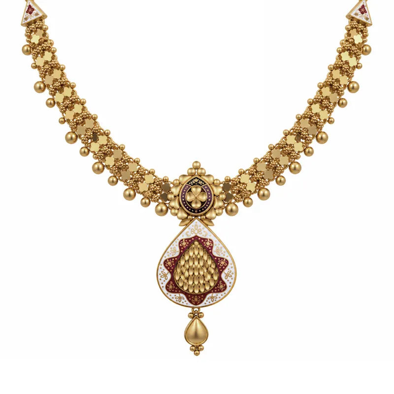 Elegant 22K Yellow Gold Enamel Necklace and Earrings Set for Women