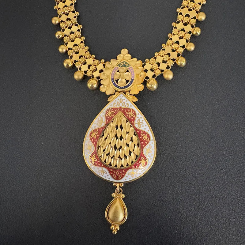 Elegant 22K Yellow Gold Enamel Necklace and Earrings Set for Women