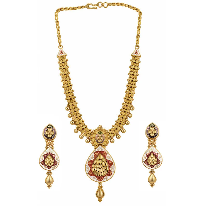 Elegant 22K Yellow Gold Enamel Necklace and Earrings Set for Women