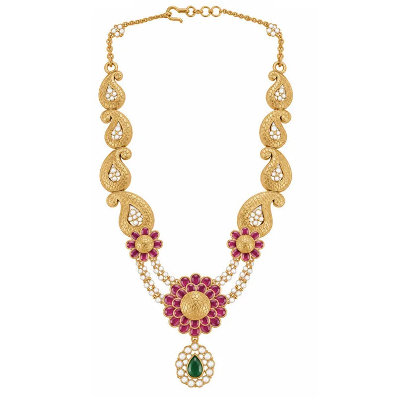 Elegant 22K Yellow Gold Antique Necklace and Earrings Set for Women