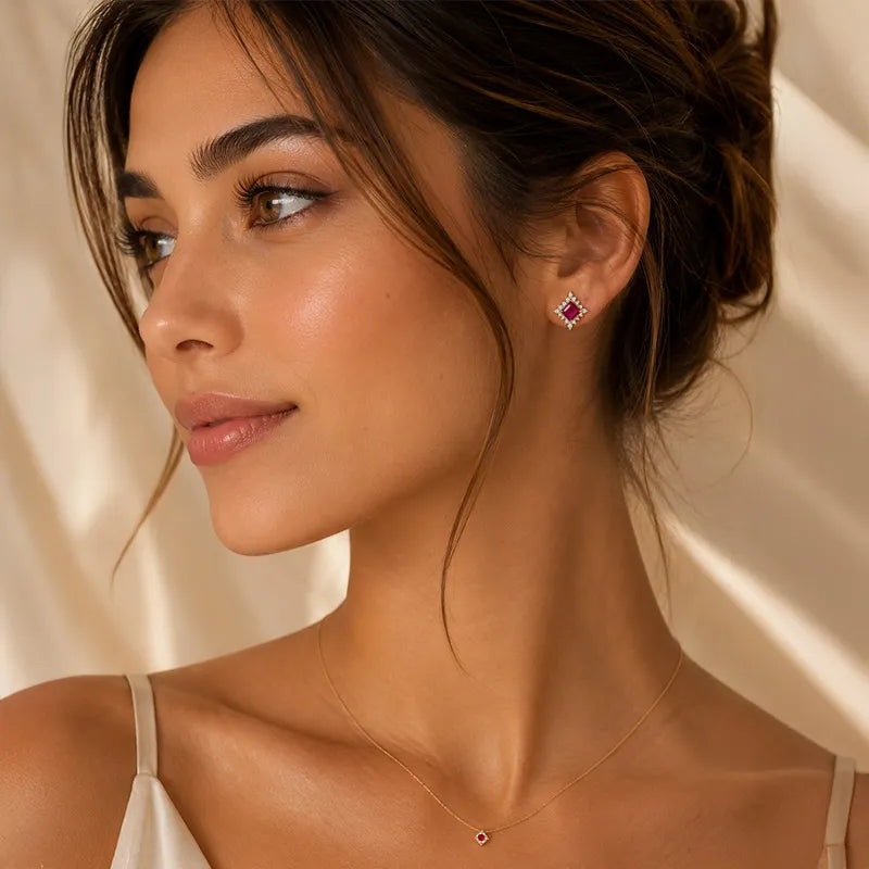 18K Gold Diamond and Ruby Stud Earrings
