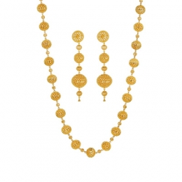 22K Gold Set of Beaded Necklace and Hanging Earrings