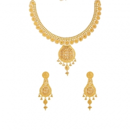 22K Gold Necklace Set in beads and flowers with Drop Earrings