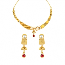 22K Antique Gold and Gemstone Necklace and Earring Set