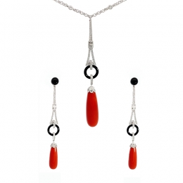 18K Gold Diamond and Coral Necklace Set