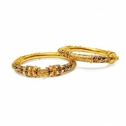 22k Yellow Gold Beaded Patterned Bangle Set of 2 - BAN-4043