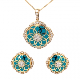 Floral Gold Diamond Pendant Set with Turquoise enamel