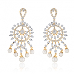 18K Gold Diamond Hanging Earrings with Pearls