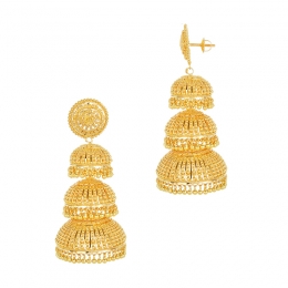 22k Yellow Gold Three Tier Beaded Jhumka Earrings