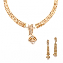 18K Yellow Gold Diamond Pearl Necklace Set