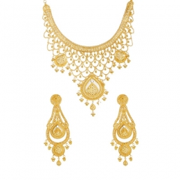 22K Gold Elaborate Necklace and Long hanging Earring Set