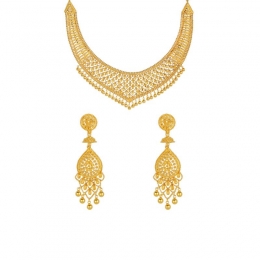 22K Gold Fancy Necklace Set with Hanging Drop Earrings