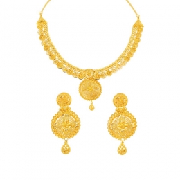 22K Gold Floral Disc Drop Necklace and Earring Set