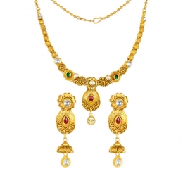 22K Antique Gold and Gemstone Drop Necklace and Earring Set