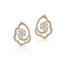 18K Yellow Gold Diamond Floral Absract Stud Earrings