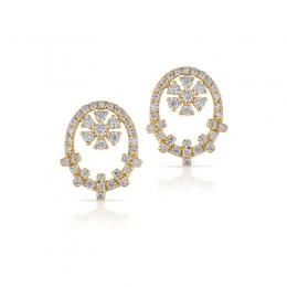Gold Diamond Oval Floral Stud Earrings