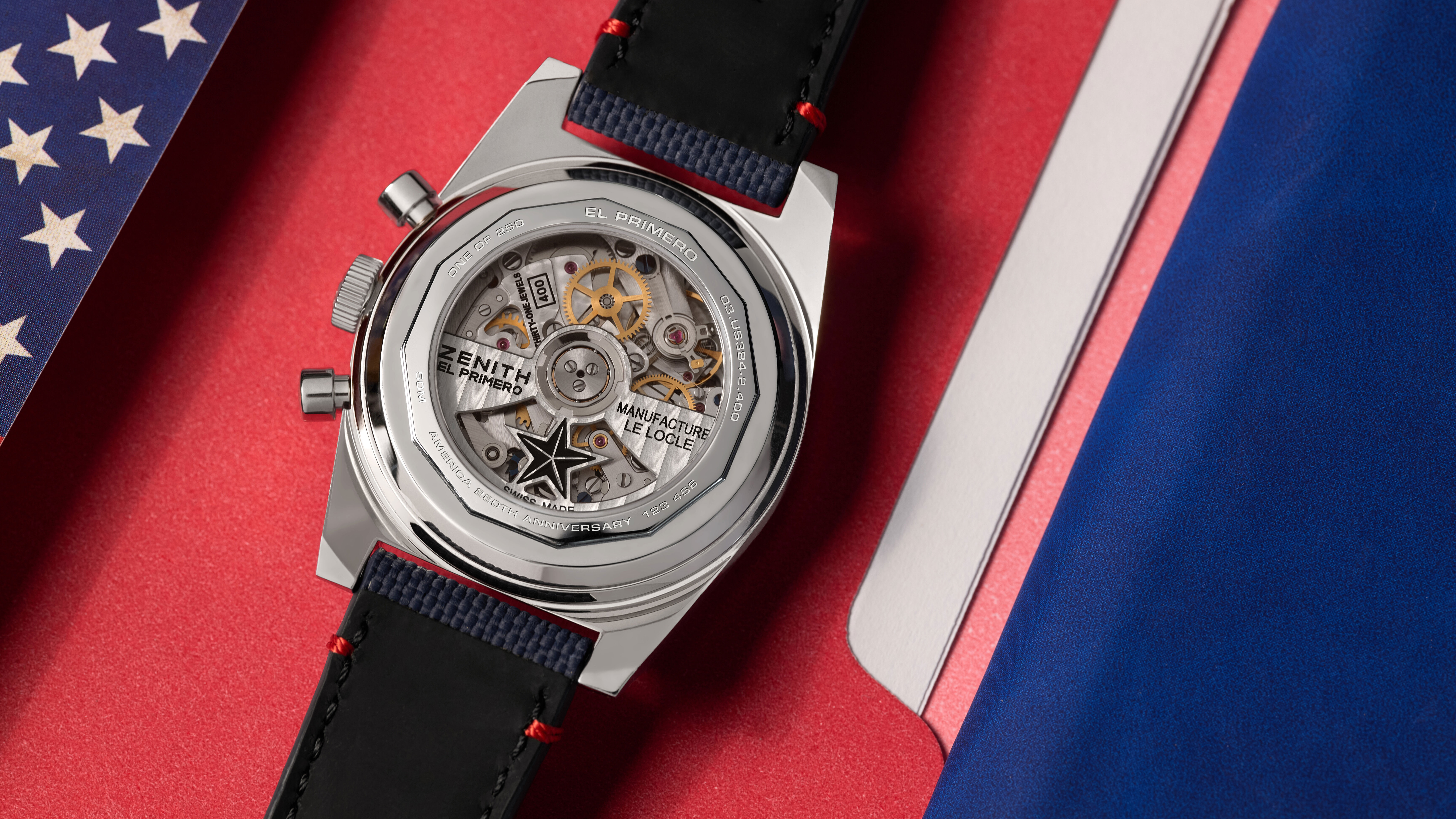 still image of Zenith Chrono Master Revival Watch shown on flag