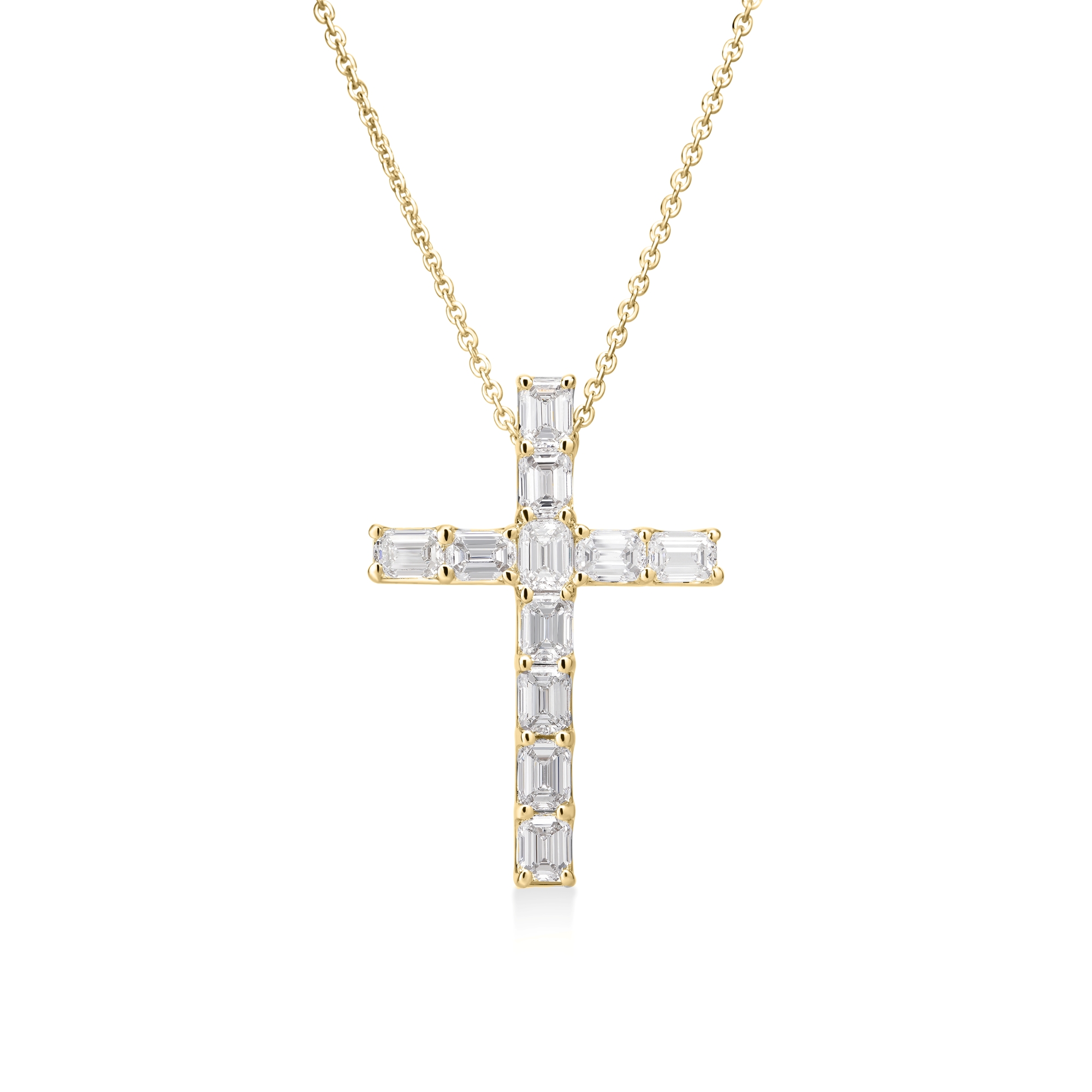 18k Yellow Gold Classic Diamond Emerald Cut Eternity Cross Necklace: Fg Vs-si