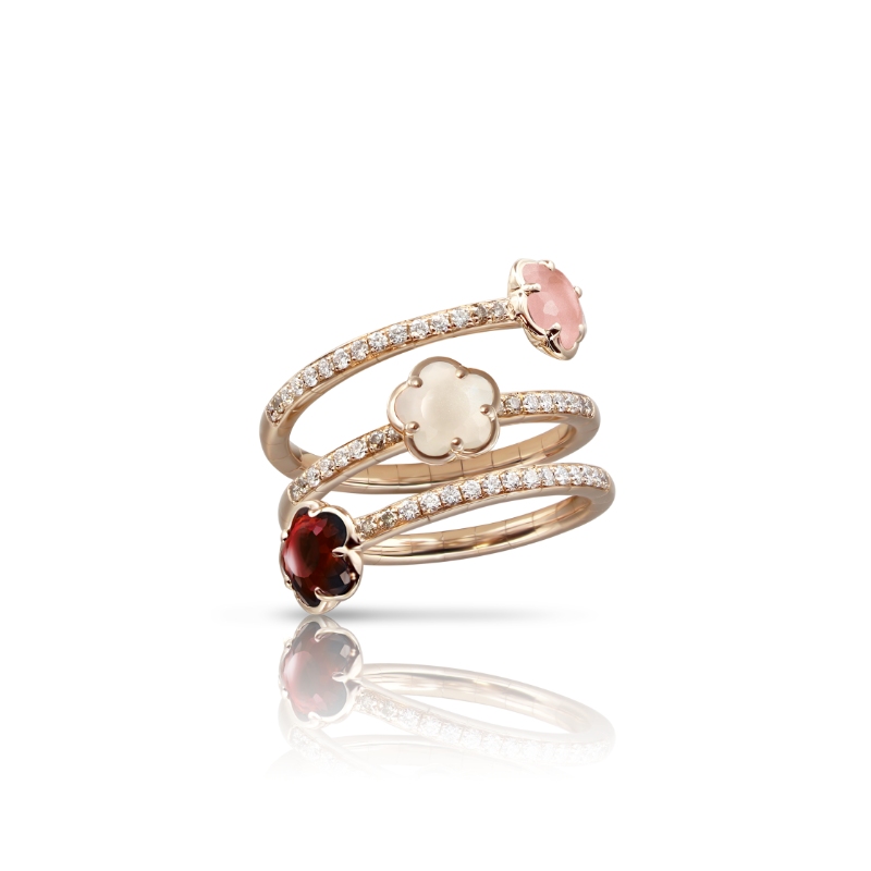 Figlia dei Fiori Three Flowers Twist Ring in 18K Rose Gold with Pink Chalcedony, Red Garnet, White Moonstone, White and Champagne Diamonds.